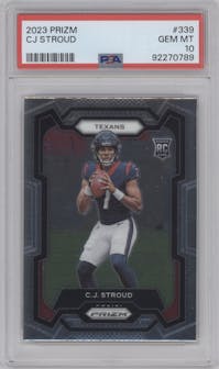 C.J. Stroud from the 2023 Panini Prizm set graded by PSA and given an overall grade of 10.