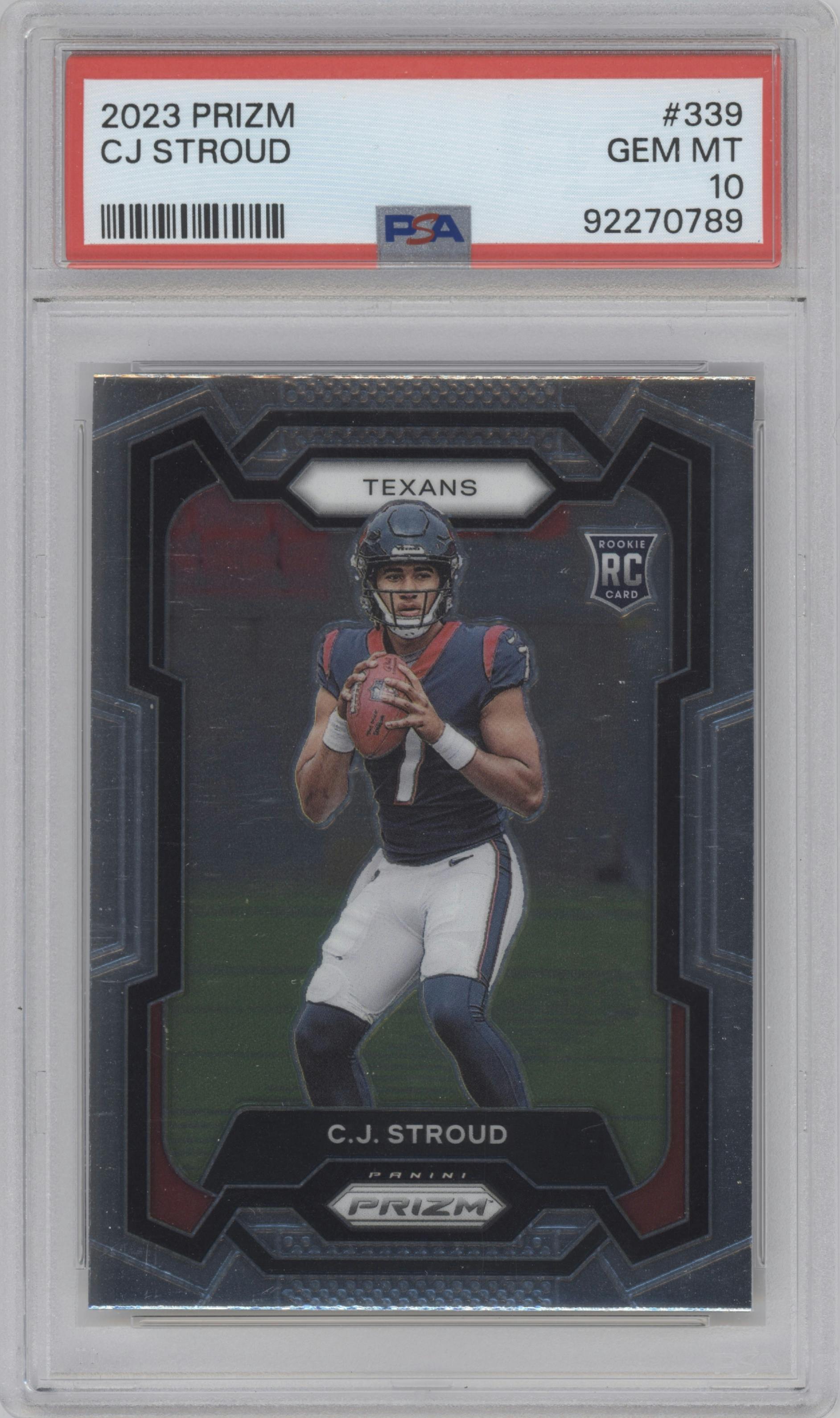 C.J. Stroud from the 2023 Panini Prizm set graded by PSA and given an overall grade of 10.