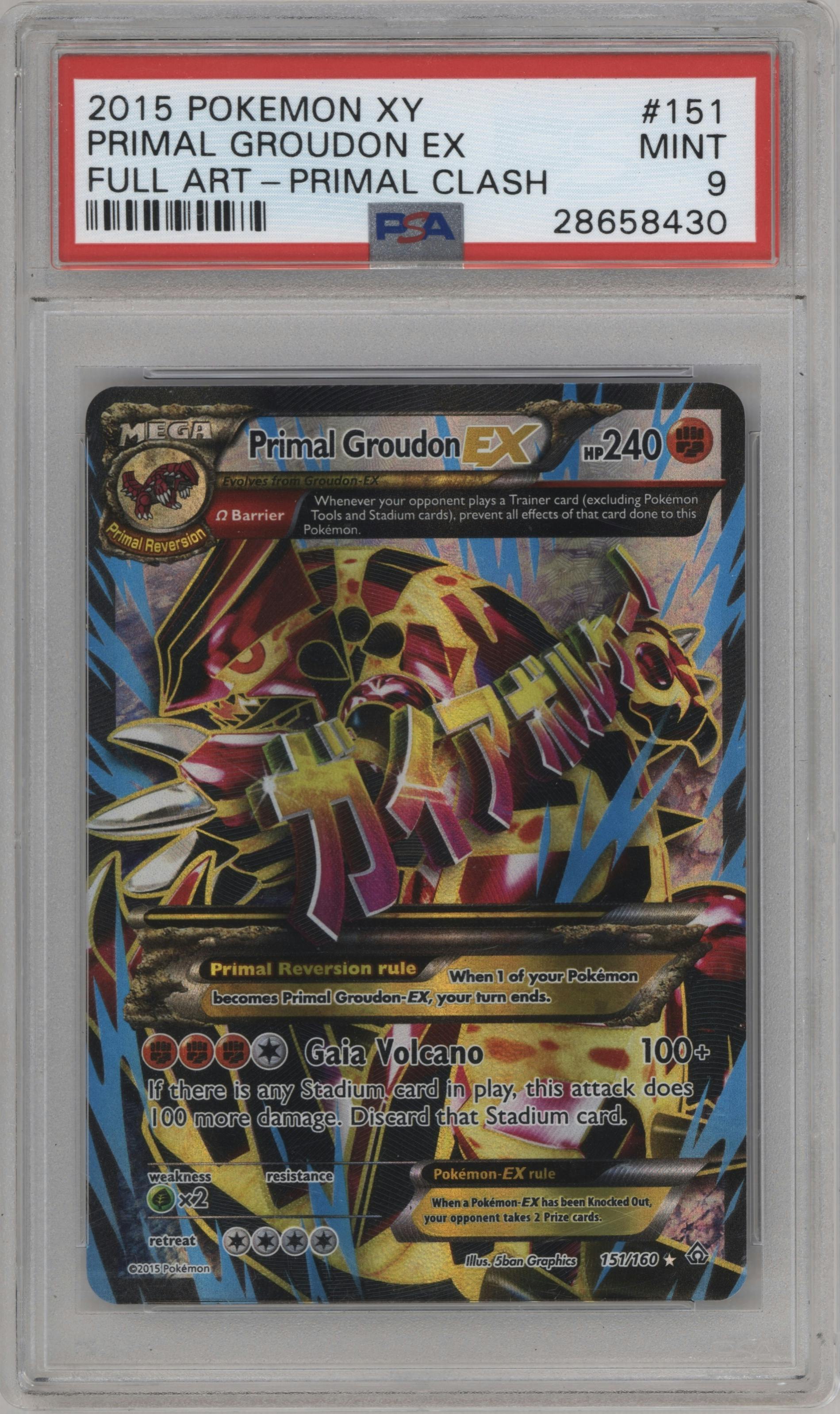 Primal Groudon EX from the 2015 Pokemon XY set graded by PSA and given an overall grade of 9.