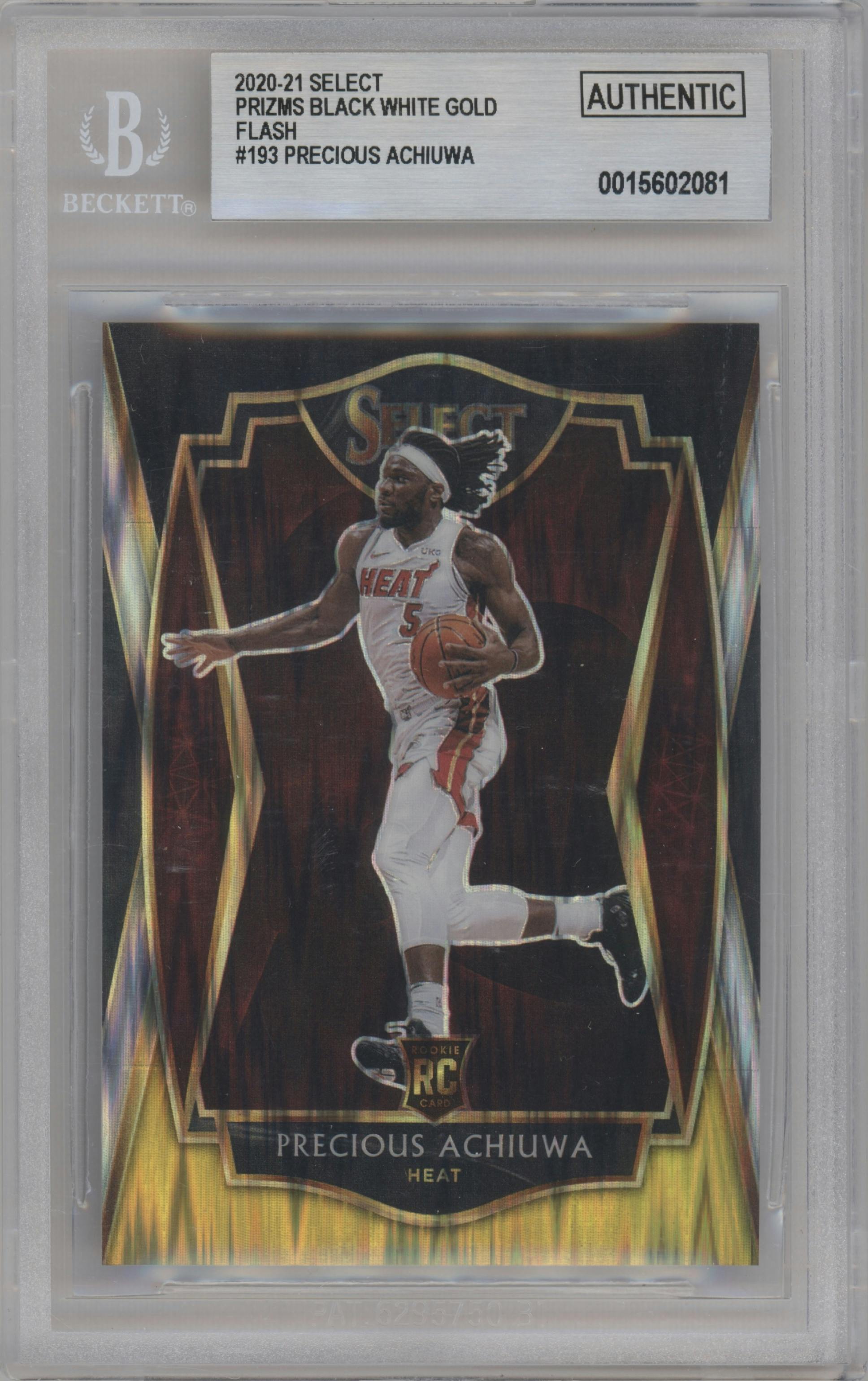 Precious Achiuwa from the 2020-21 Panini Select  set featuring a Black White Gold Flash parallel graded by Beckett.