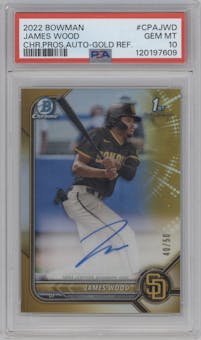 James Wood from the 2022 Bowman set featuring a Gold Refractor  parallel graded by PSA and given an overall grade of 10.