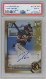 James Wood from the 2022 Bowman set featuring a Gold Refractor parallel graded by PSA and given an overall grade of 10.