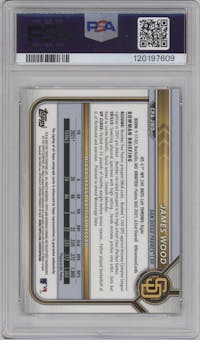 James Wood from the 2022 Bowman set featuring a Gold Refractor  parallel graded by PSA and given an overall grade of 10.