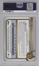 James Wood from the 2022 Bowman set featuring a Gold Refractor parallel graded by PSA and given an overall grade of 10.