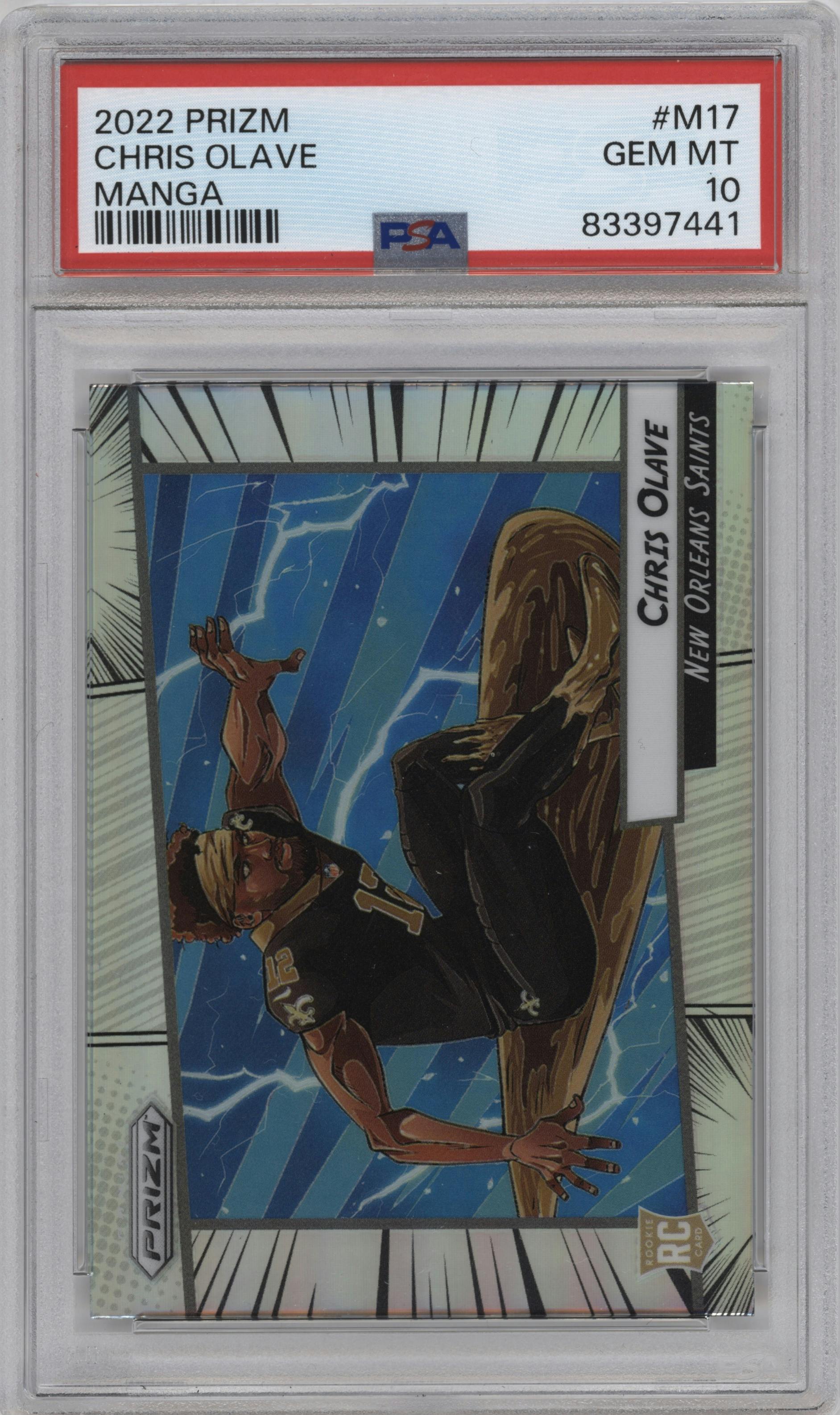 Chris Olave from the 2022 Panini Prizm set graded by PSA and given an overall grade of 10.