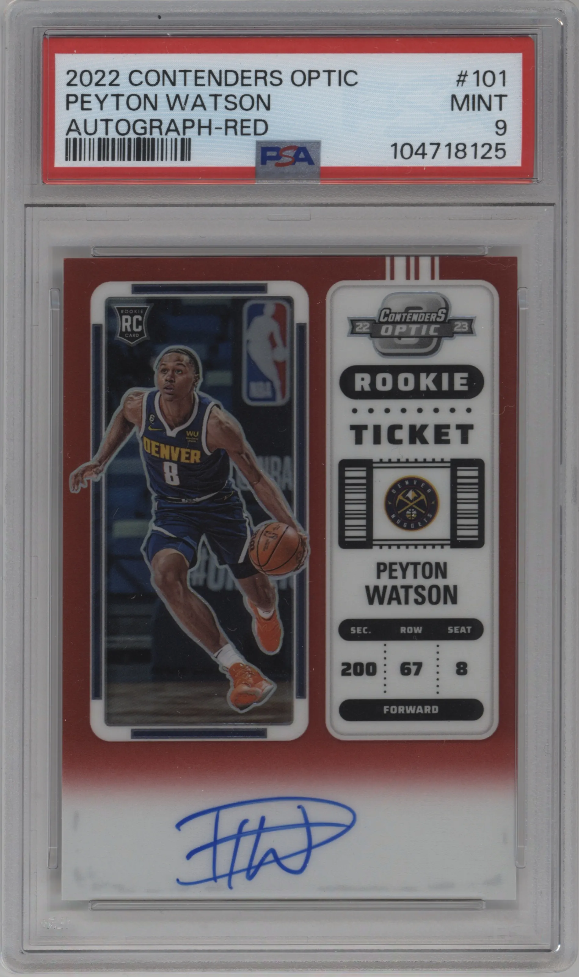 2022 Panini Contenders Optic Rke.Tkt.Auto Peyton Watson Red #101 PSA 9