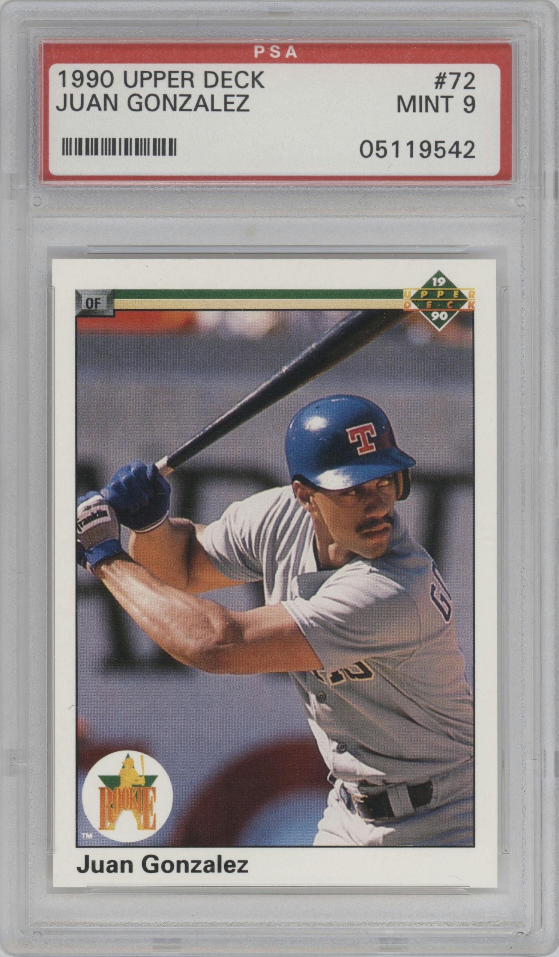 Juan Gonzalez from the 1990 Upper Deck set graded by PSA and given an overall grade of 9.