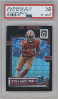 Tyrion Davis-Price from the 2022 Panini Donruss Optic set featuring a Black Pandora parallel graded by PSA and given an overall grade of 9.