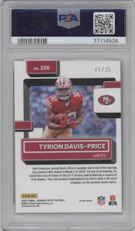 Tyrion Davis-Price from the 2022 Panini Donruss Optic set featuring a Black Pandora parallel graded by PSA and given an overall grade of 9.