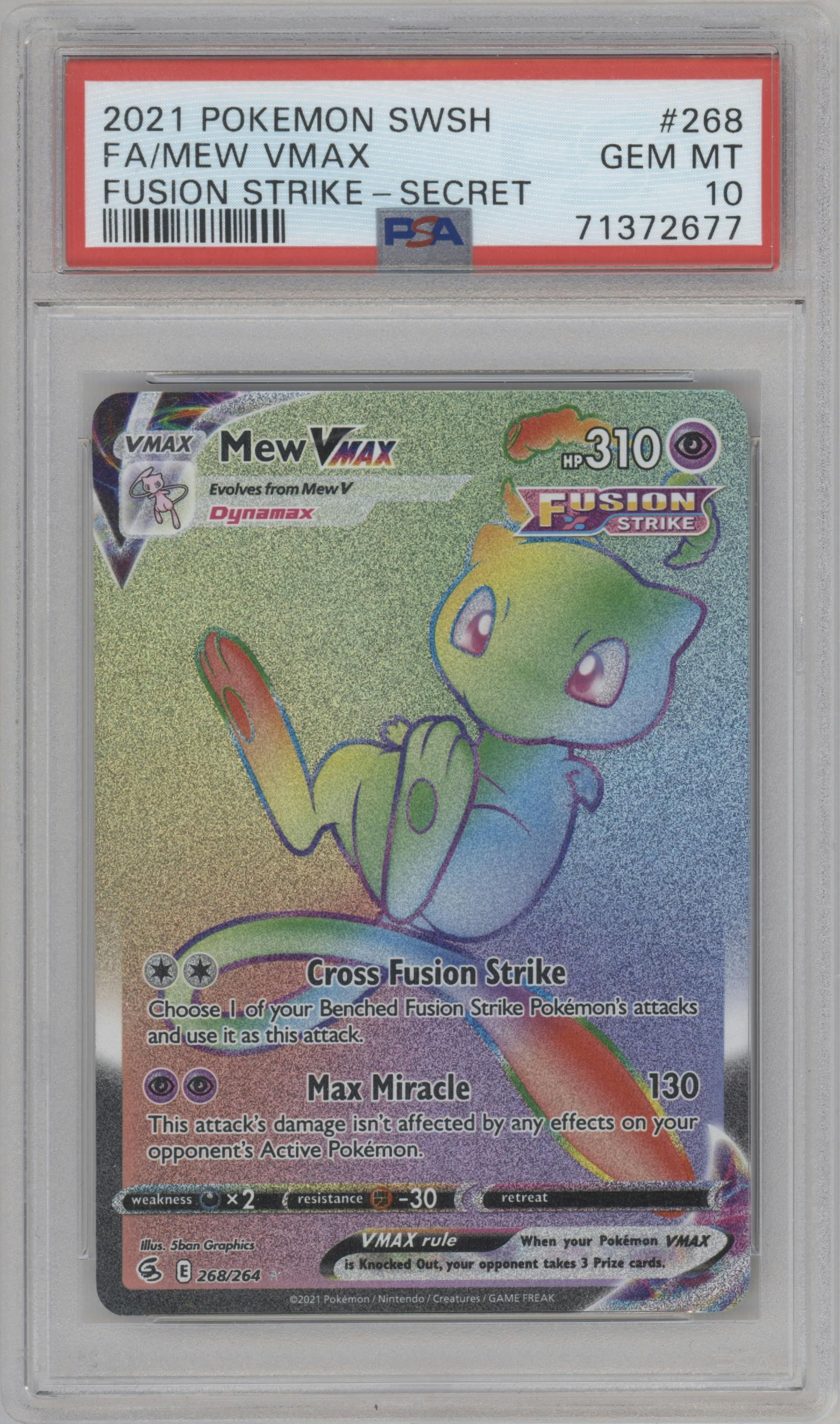 Mew VMax from the 2021 Pokemon SWSH set graded by PSA and given an overall grade of 10.