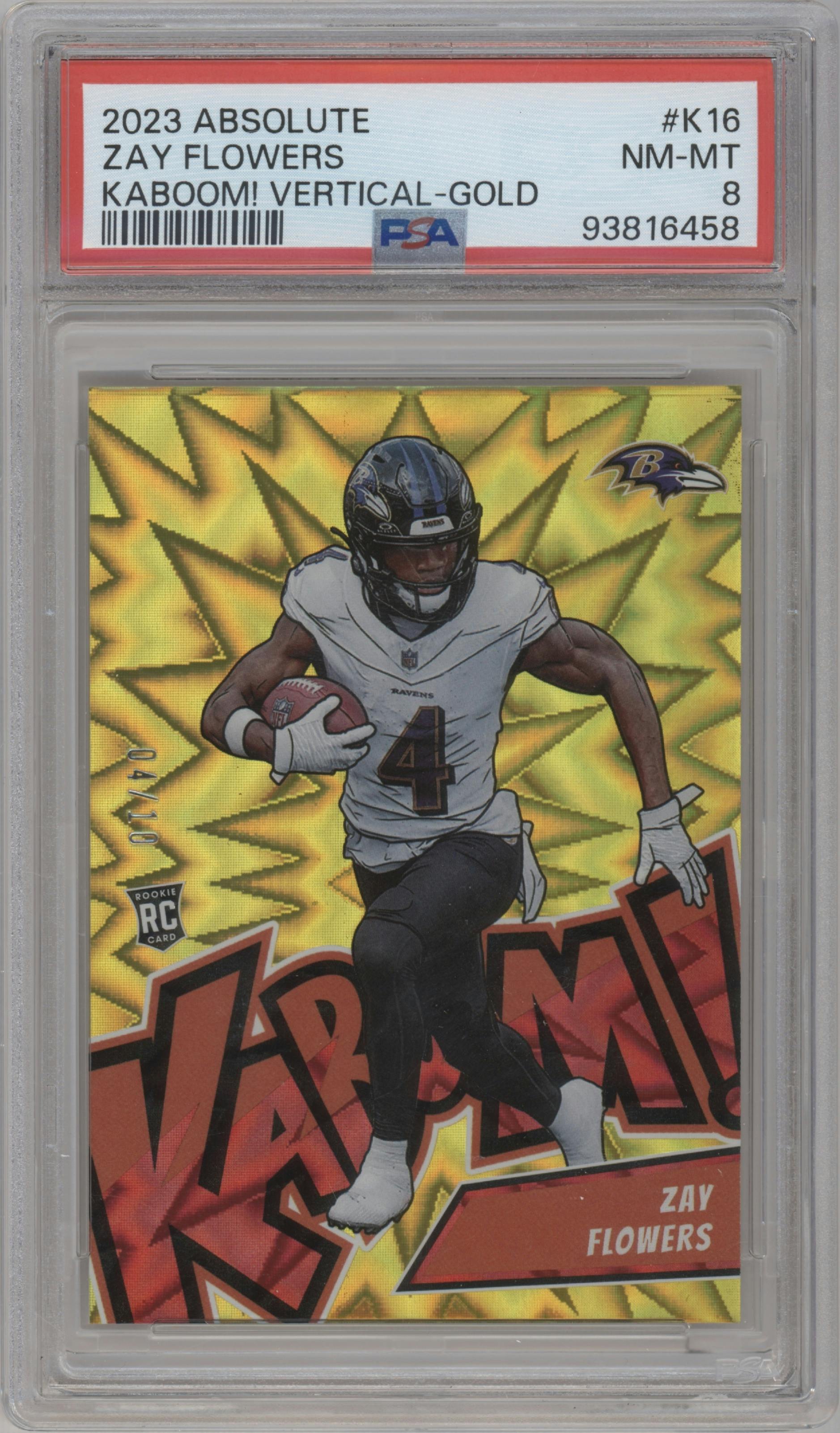 Zay Flowers from the 2023 Panini Absolute set featuring a Gold parallel graded by PSA and given an overall grade of 8.