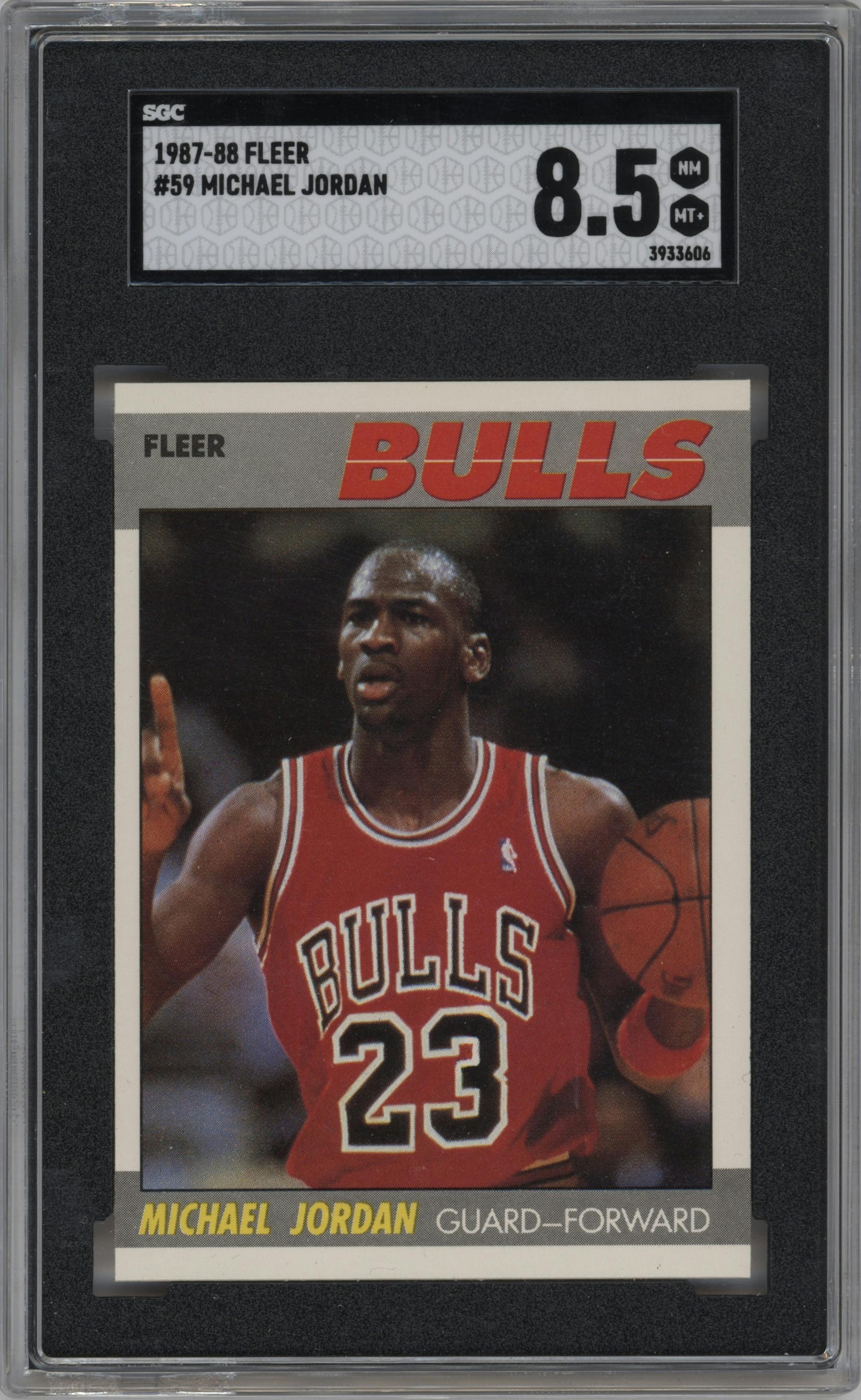 Michael Jordan from the 1987-88 Fleer set graded by SGC and given an overall grade of 8.5.