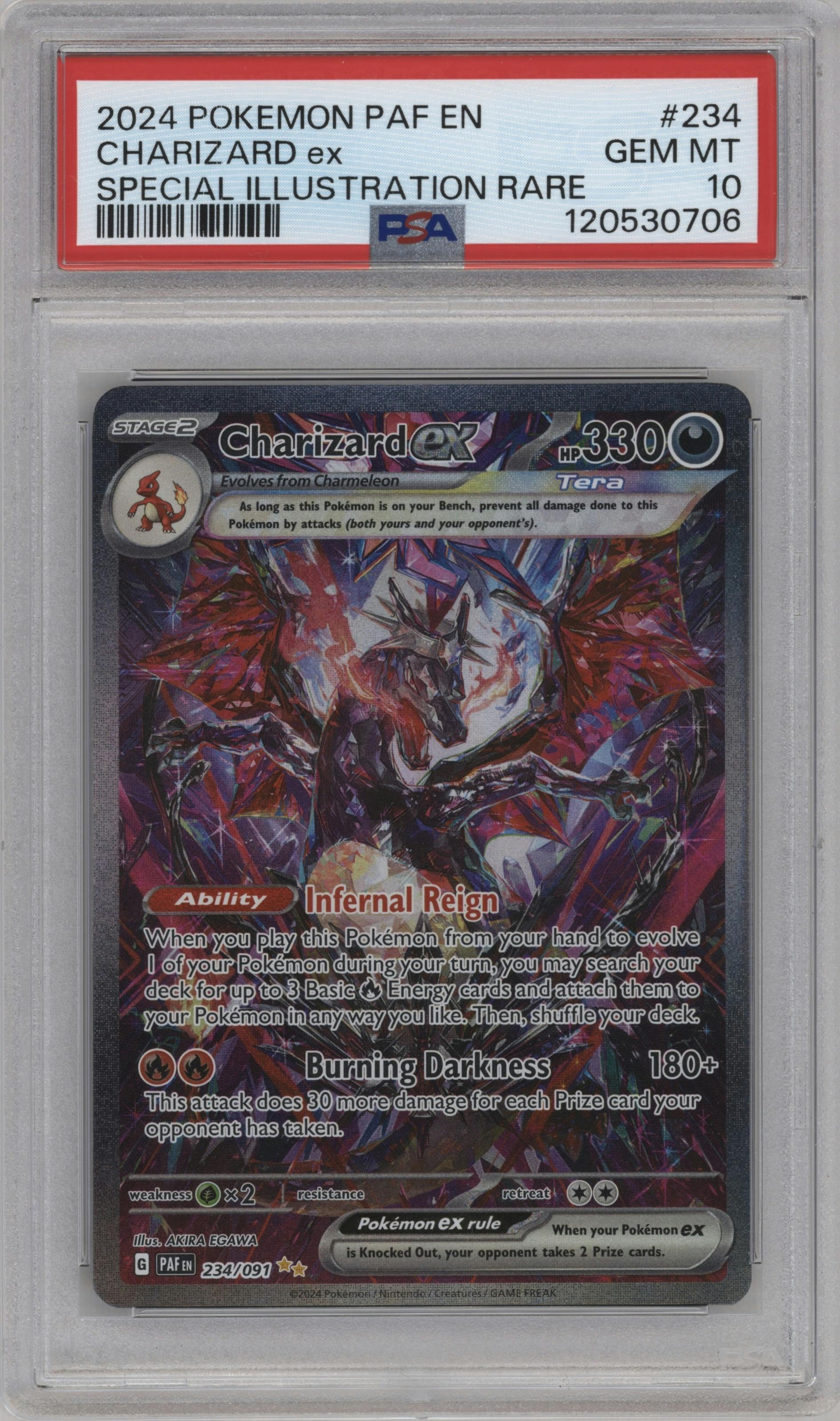 Charizard ex from the 2024 Pokemon SV set graded by PSA and given an overall grade of 10.