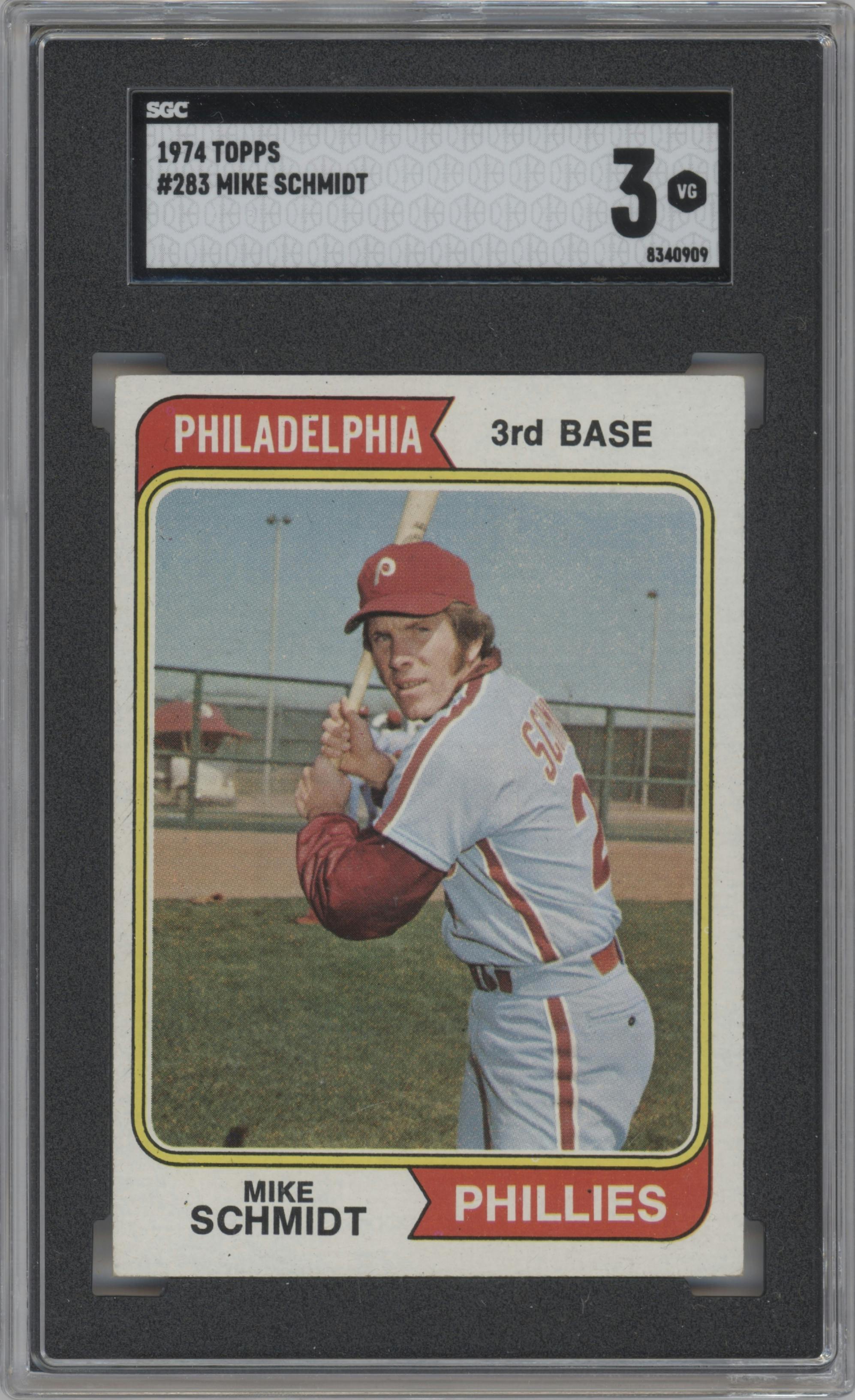 Mike Schmidt from the 1974 Topps set graded by SGC and given an overall grade of 3.