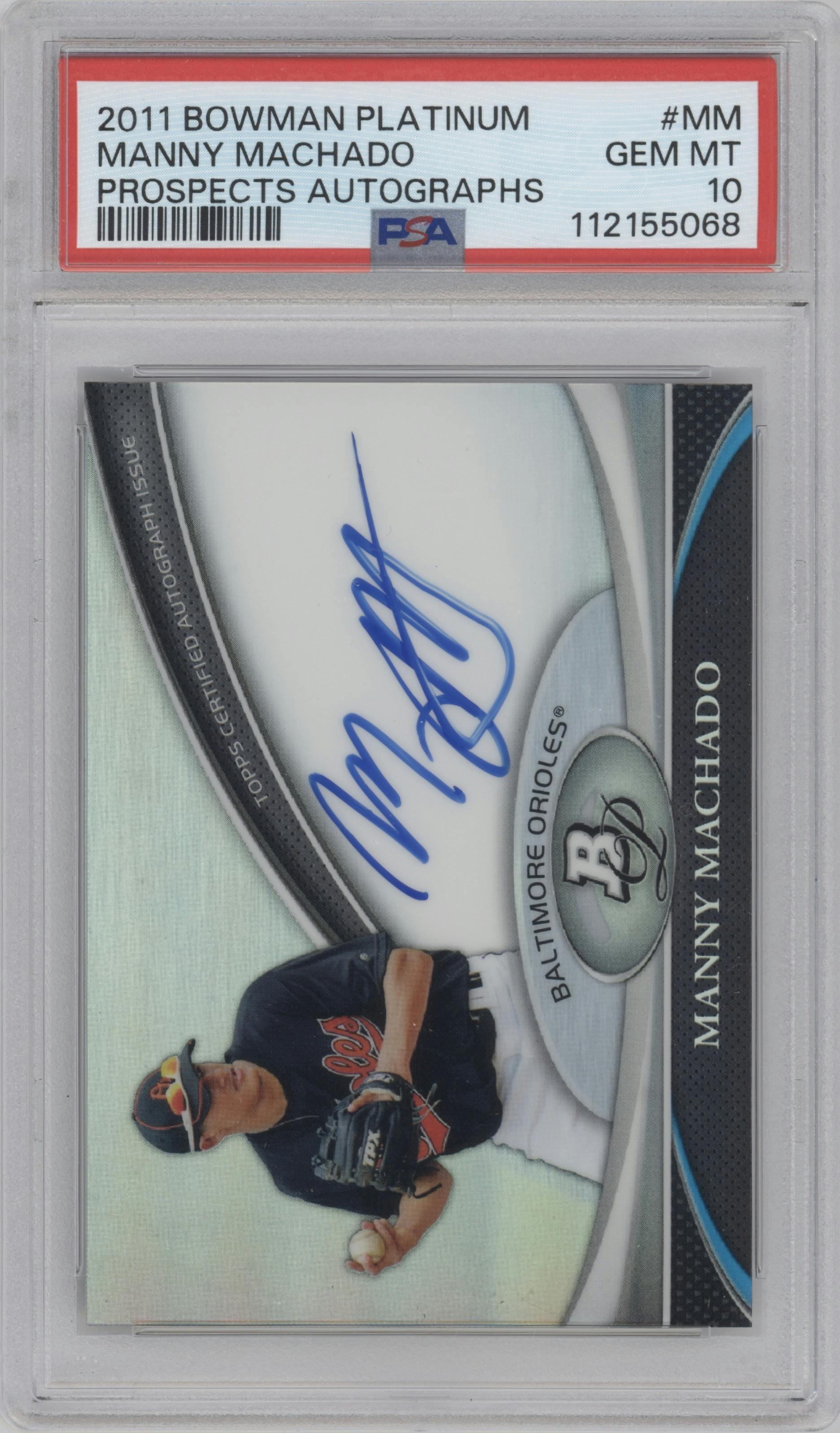 Manny Machado from the 2011 Bowman Platinum  set featuring a Refractor parallel graded by PSA and given an overall grade of 10.