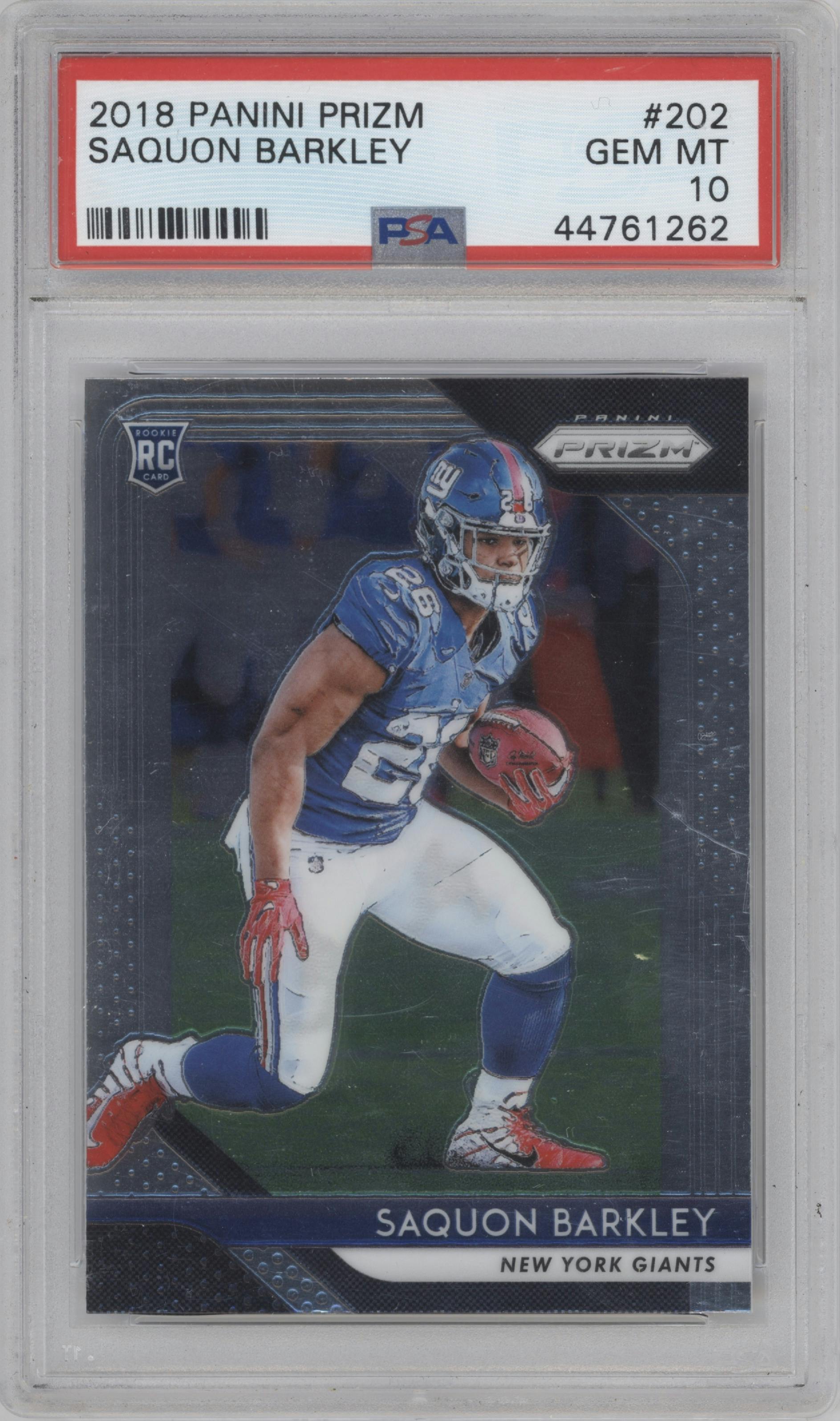 Saquon Barkley from the 2018 Panini Prizm set graded by PSA and given an overall grade of 10.