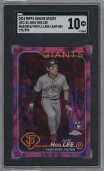 Jung HOO Lee from the 2024 Topps Chrome Update set featuring a Magenta/Purple Lava Lamp Refractors parallel graded by SGC and given an overall grade of 10.