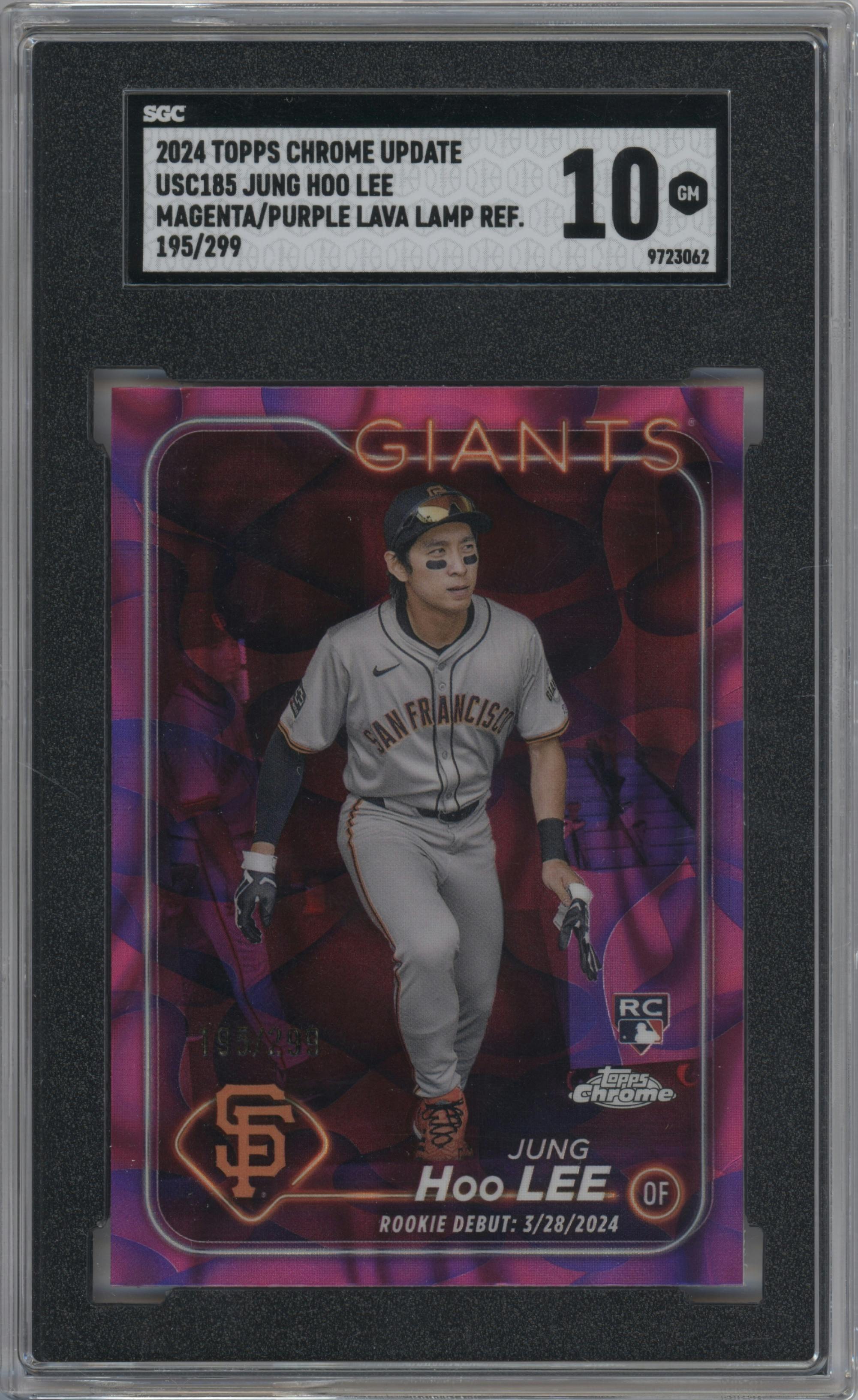 Jung HOO Lee from the 2024 Topps Chrome Update set featuring a Magenta/Purple Lava Lamp Refractors parallel graded by SGC and given an overall grade of 10.