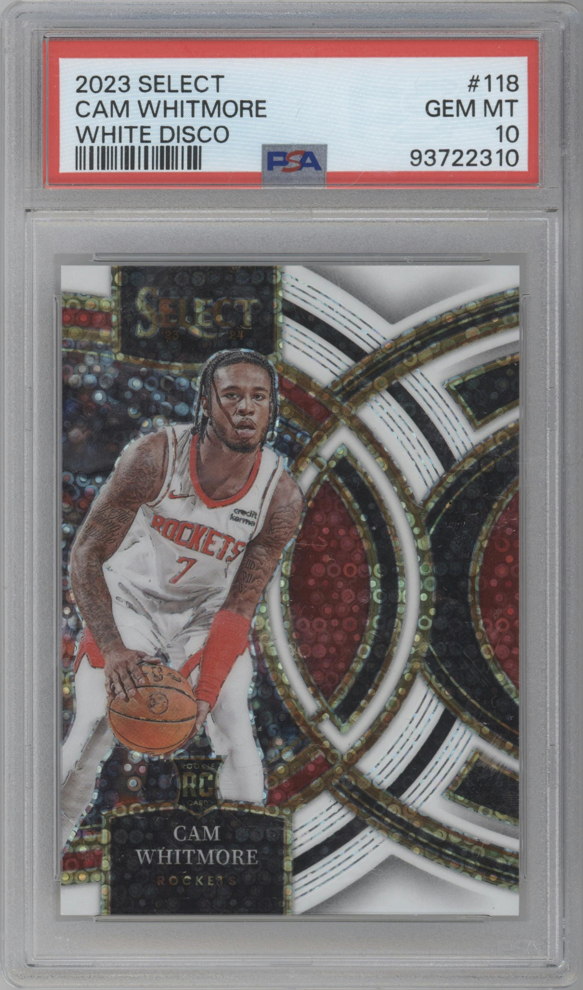 Cam Whitmore from the 2023-24 Panini Select  set featuring a White Disco  parallel graded by PSA and given an overall grade of 10.