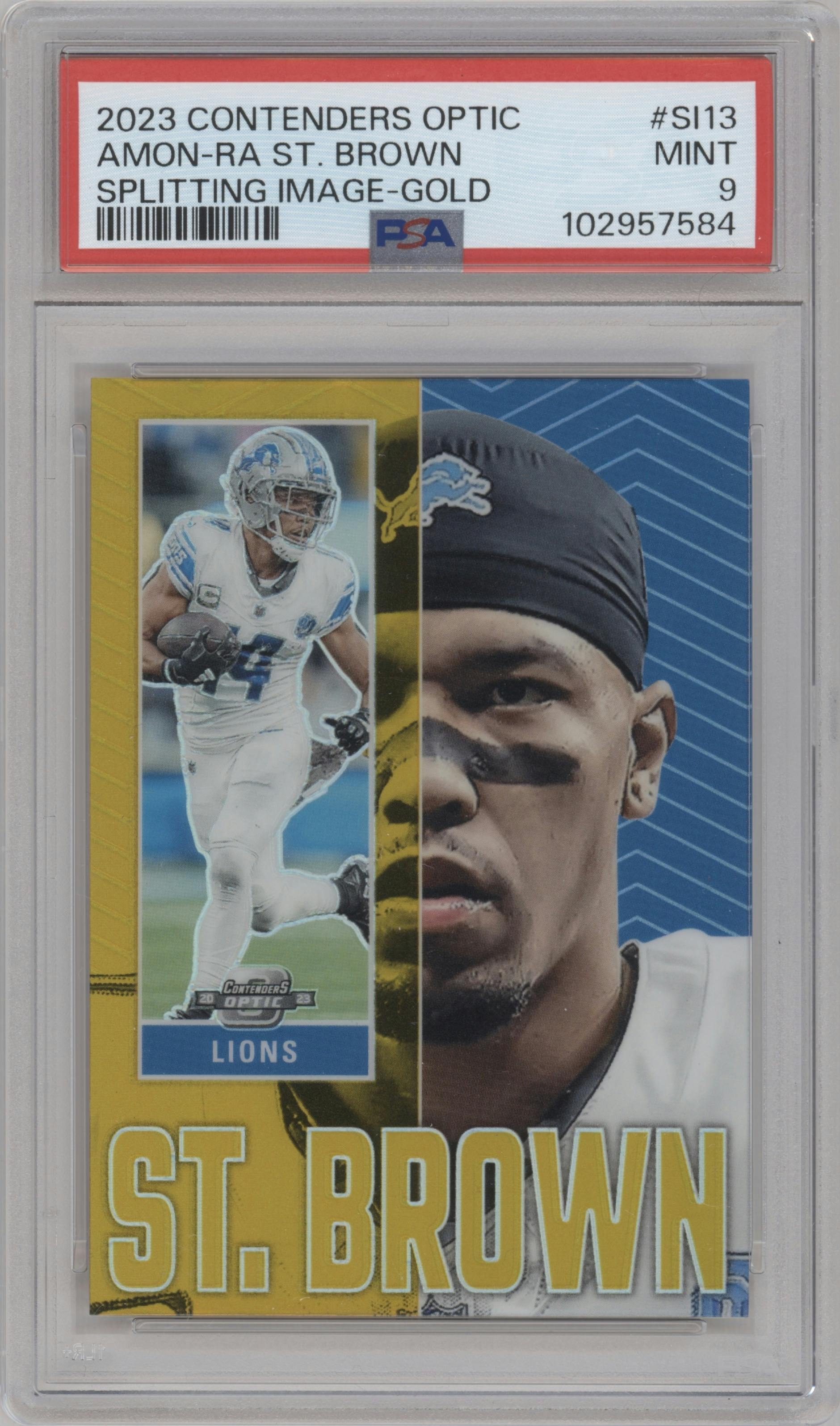 Amon-Ra St. Brown from the 2023 Panini Contenders Optic set featuring a Gold parallel graded by PSA and given an overall grade of 9.