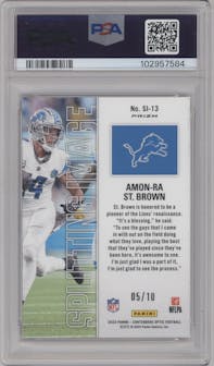 Amon-Ra St. Brown from the 2023 Panini Contenders Optic set featuring a Gold parallel graded by PSA and given an overall grade of 9.