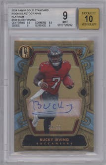 Bucky Irving from the 2024 Panini Gold Standard set featuring a Platinum parallel graded by Beckett and given an overall grade of 9.