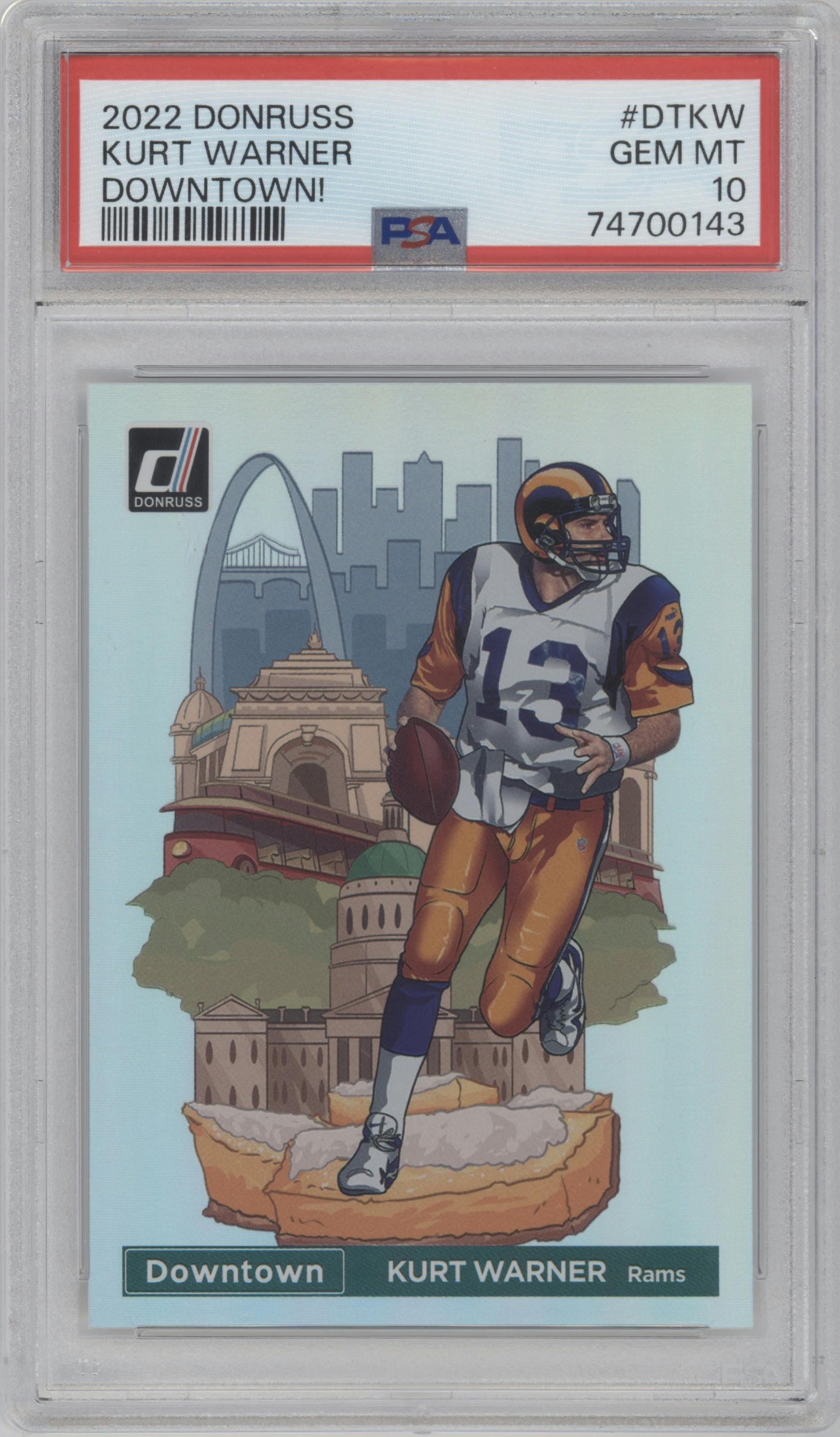 Kurt Warner from the 2022 Panini Donruss set graded by PSA and given an overall grade of 10.