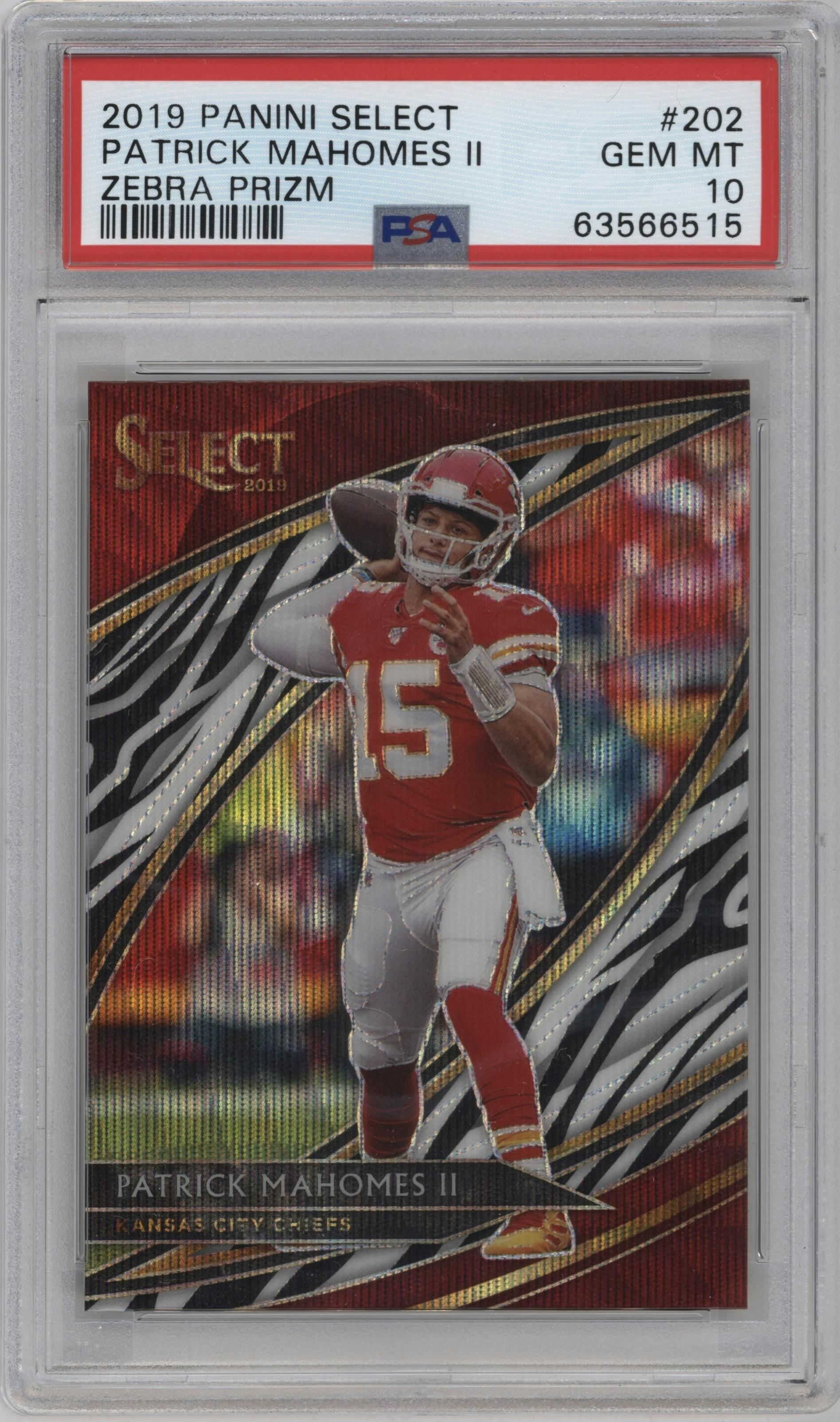 Patrick Mahomes II from the 2019 Panini Select  set featuring a Zebra parallel graded by PSA and given an overall grade of 10.