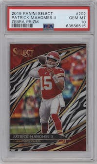 Patrick Mahomes II from the 2019 Panini Select set featuring a Zebra parallel graded by PSA and given an overall grade of 10.