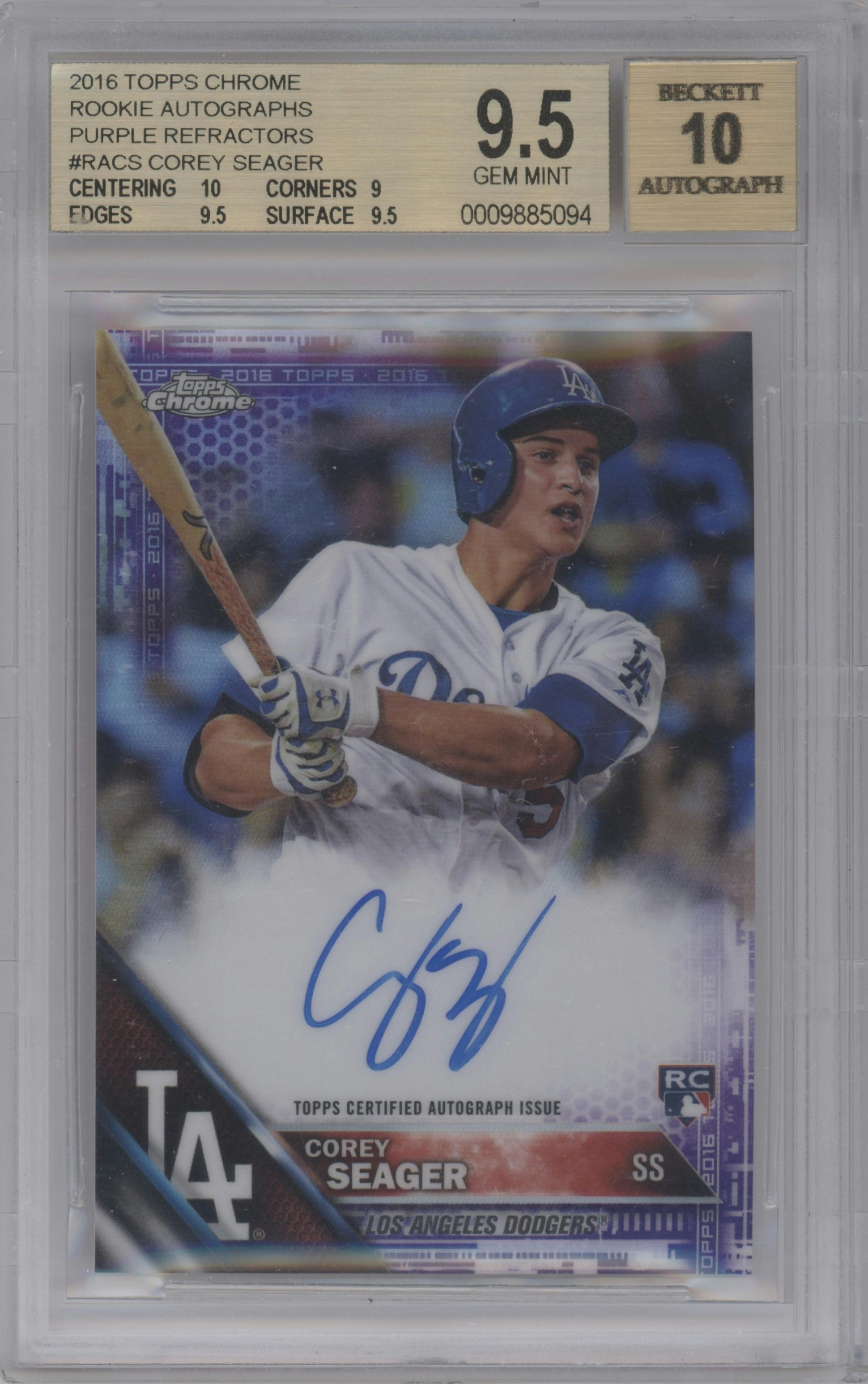 Corey Seager from the 2016 Topps Chrome set featuring a Purple Refractor parallel graded by Beckett and given an overall grade of 9.5.