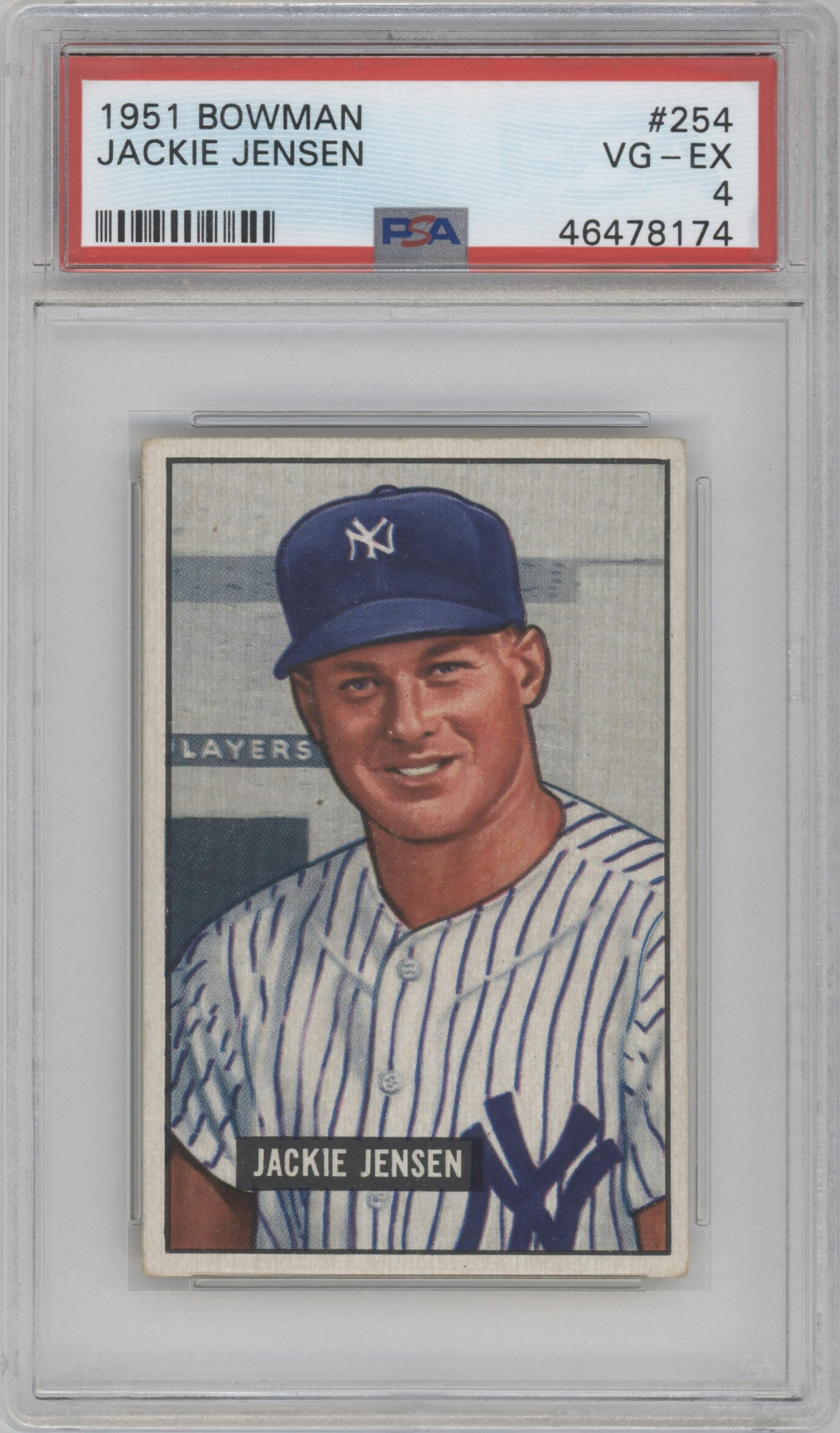 Jackie Jensen from the 1951 Bowman set graded by PSA and given an overall grade of 4.
