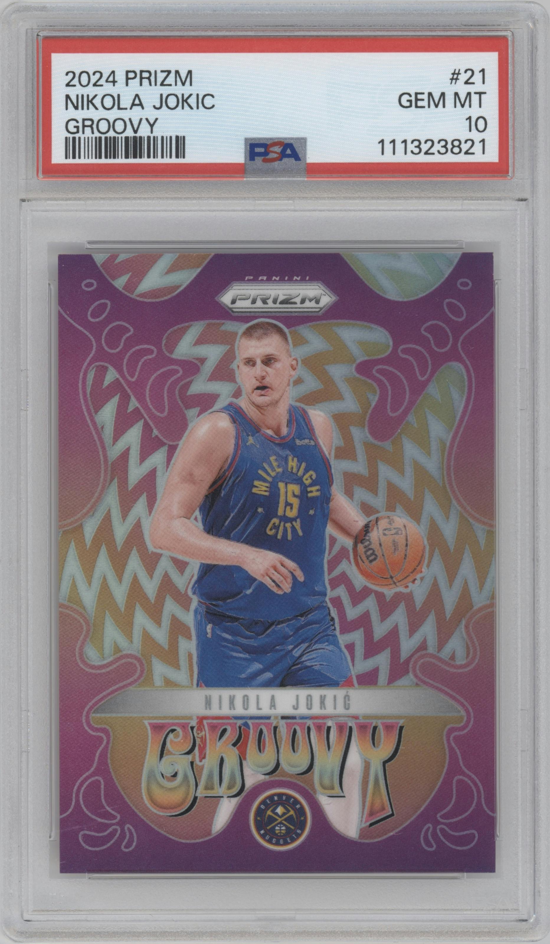 Nikola Jokic from the 2024-25 Panini Prizm set graded by PSA and given an overall grade of 10.