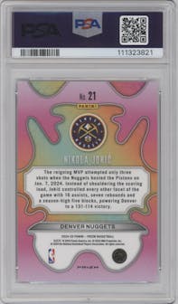 Nikola Jokic from the 2024-25 Panini Prizm set graded by PSA and given an overall grade of 10.