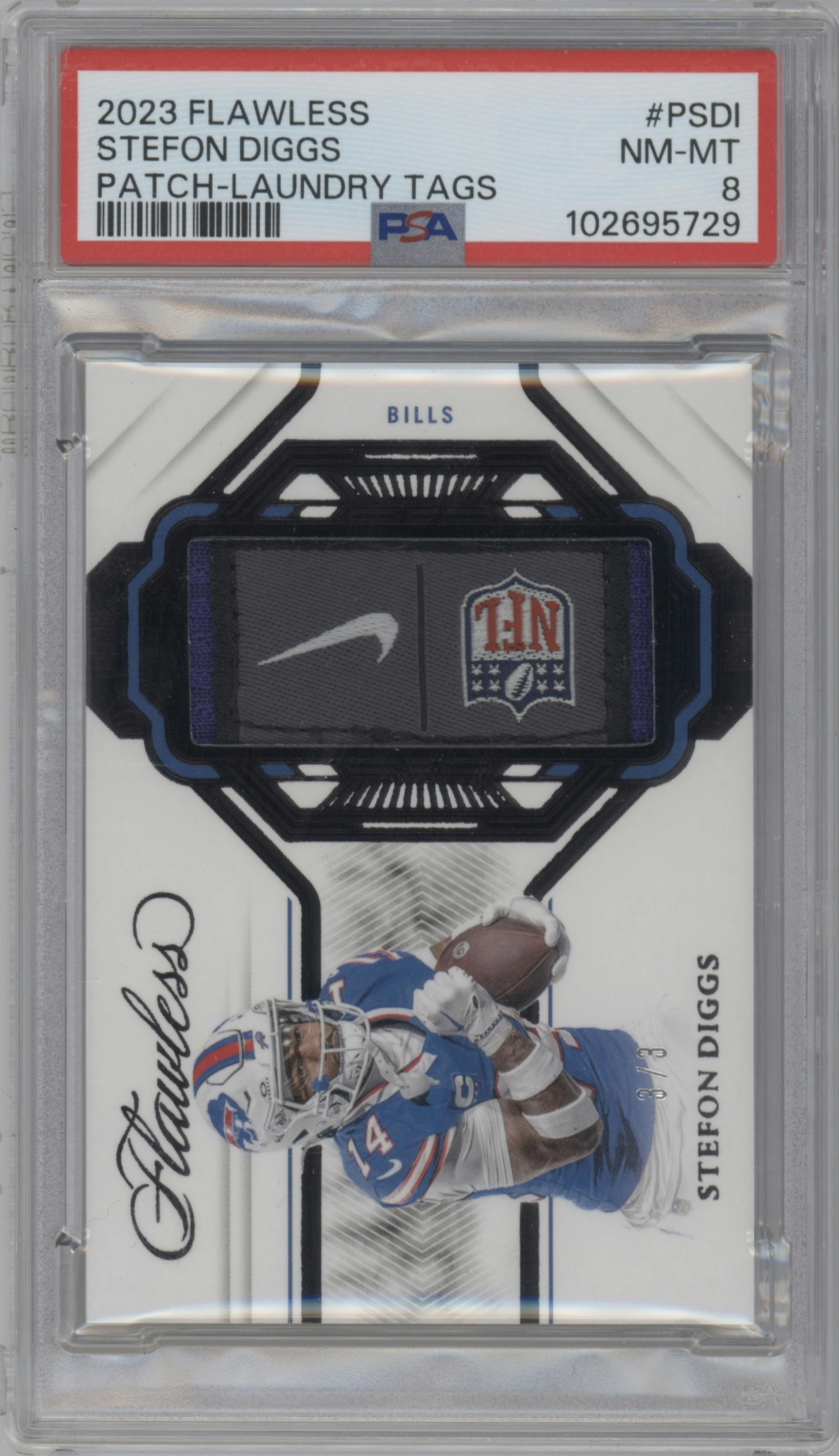 Stefon Diggs from the 2023 Panini Flawless set featuring a Laundry Tags parallel graded by PSA and given an overall grade of 8.