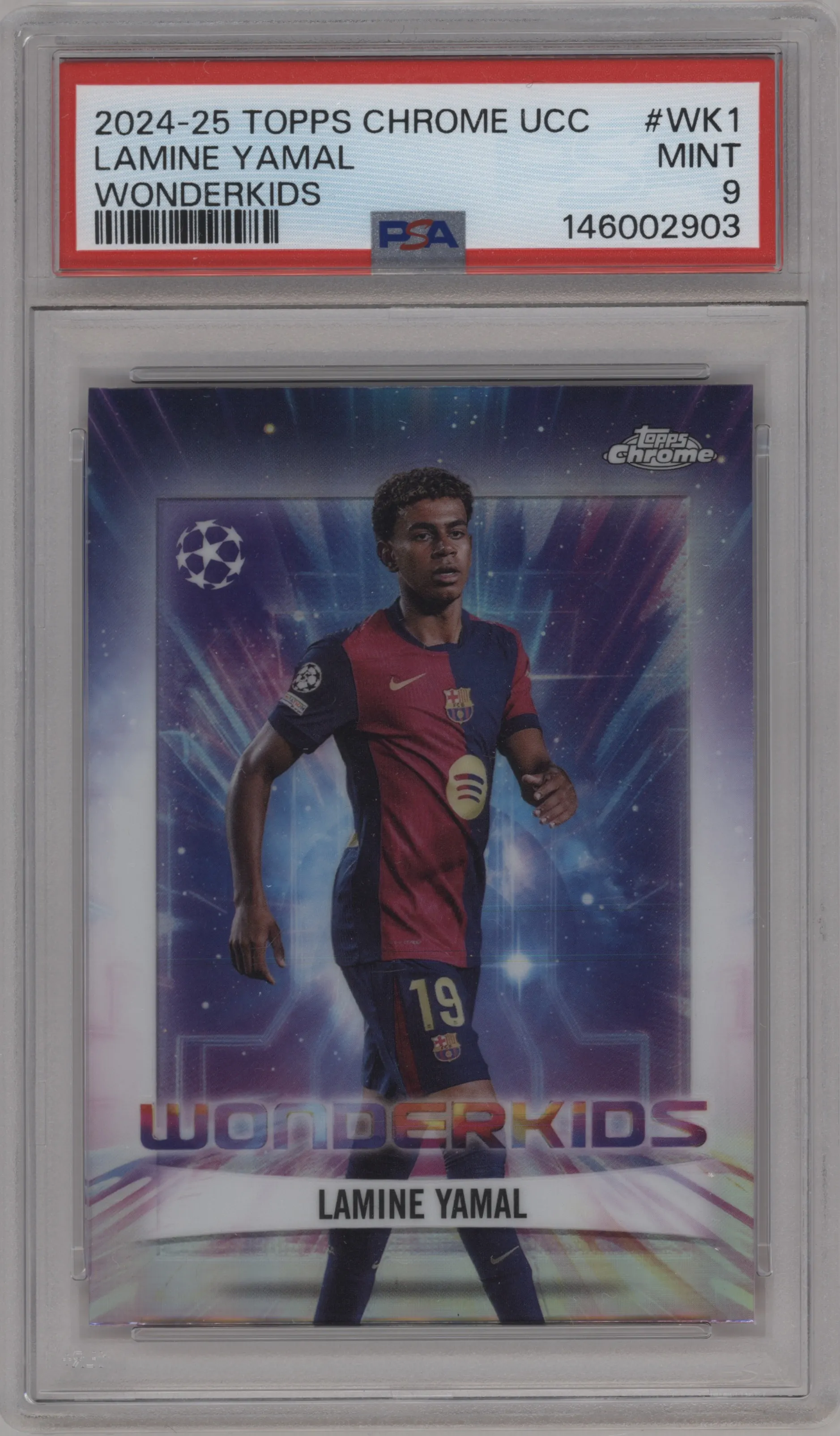 2024 Topps Chrome UEFA Club Competitions Wonderkids Lamine Yamal PSA 9