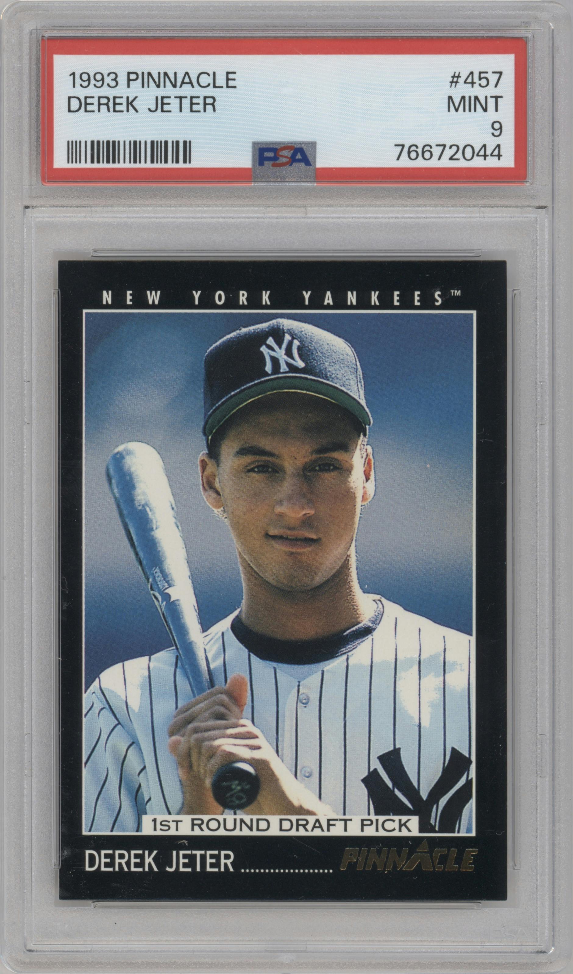 Derek Jeter from the 1993 Pinnacle set graded by PSA and given an overall grade of 9.