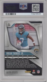 Brian Thomas Jr. from the 2024 Panini Prizm set featuring a No Huddle Blue Prizm parallel graded by PSA and given an overall grade of 9.