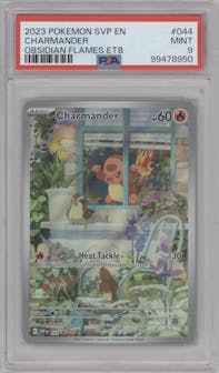 Charmander from the 2023 Pokemon SV set featuring a Obsidian Flames ETB parallel graded by PSA and given an overall grade of 9.