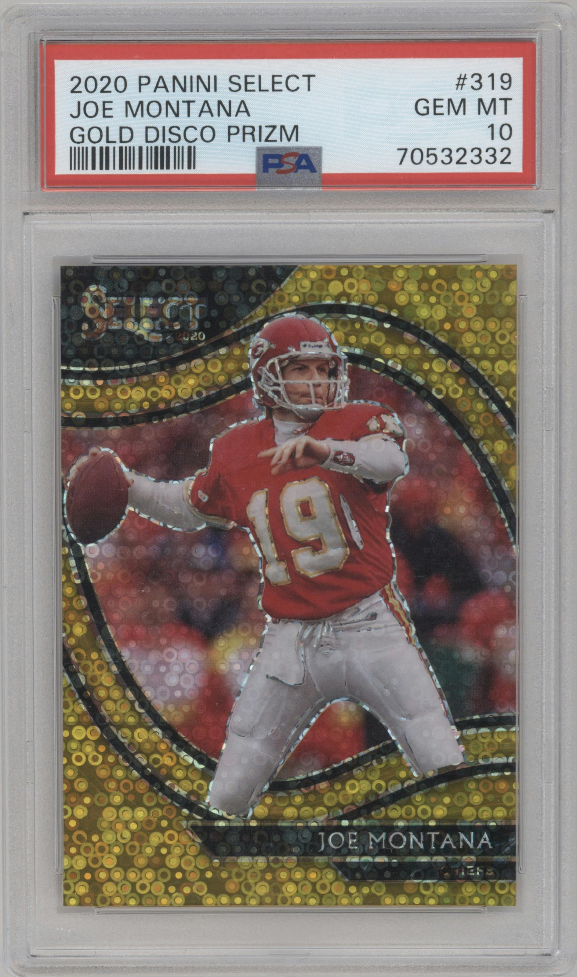 Joe Montana from the 2020 Panini Select set featuring a Disco Gold parallel graded by PSA and given an overall grade of 10.