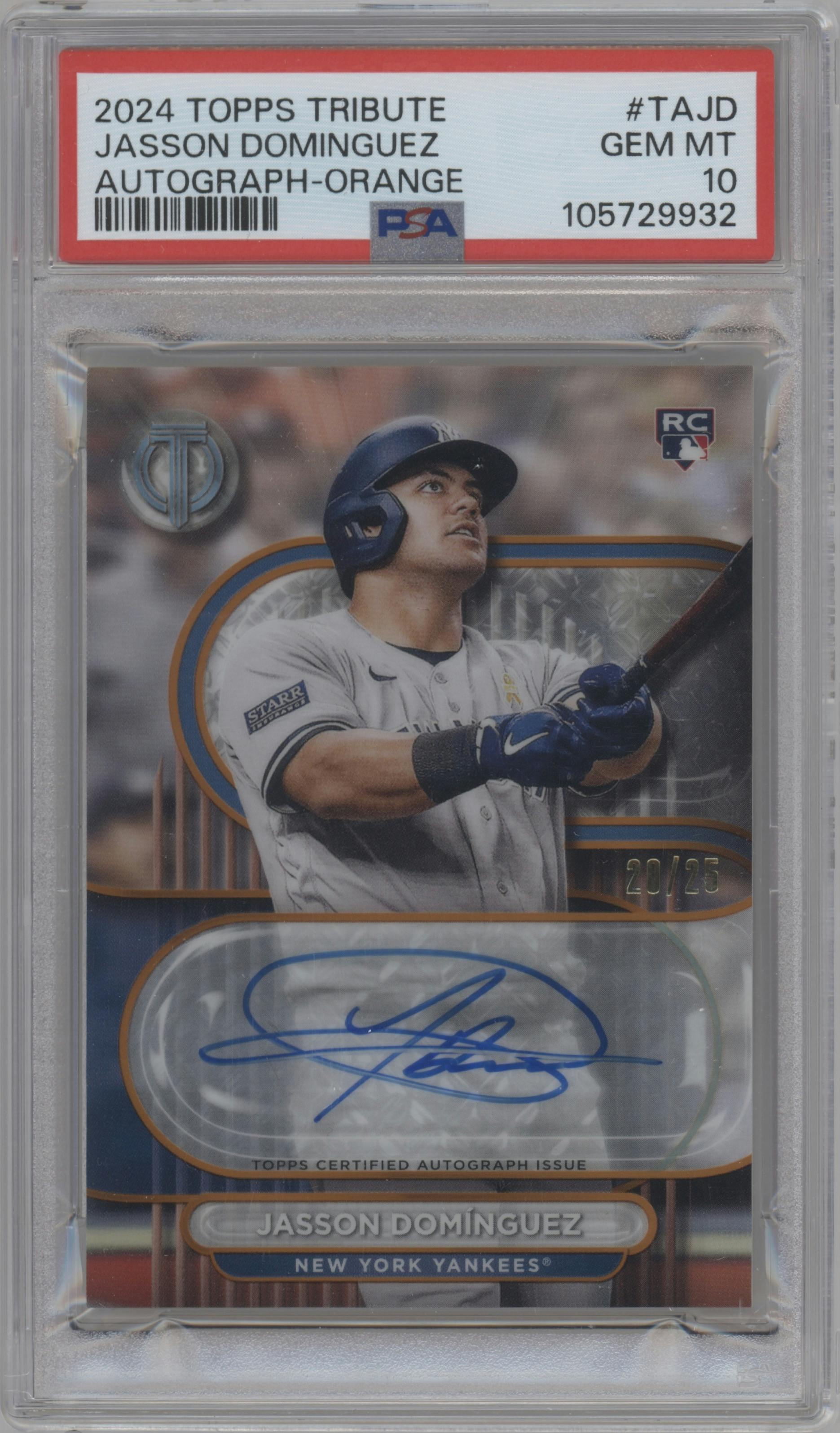 Jasson Dominguez from the 2024 Topps Tribute set featuring a Orange  parallel graded by PSA and given an overall grade of 10.
