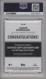 Jasson Dominguez from the 2024 Topps Tribute set featuring a Orange  parallel graded by PSA and given an overall grade of 10.