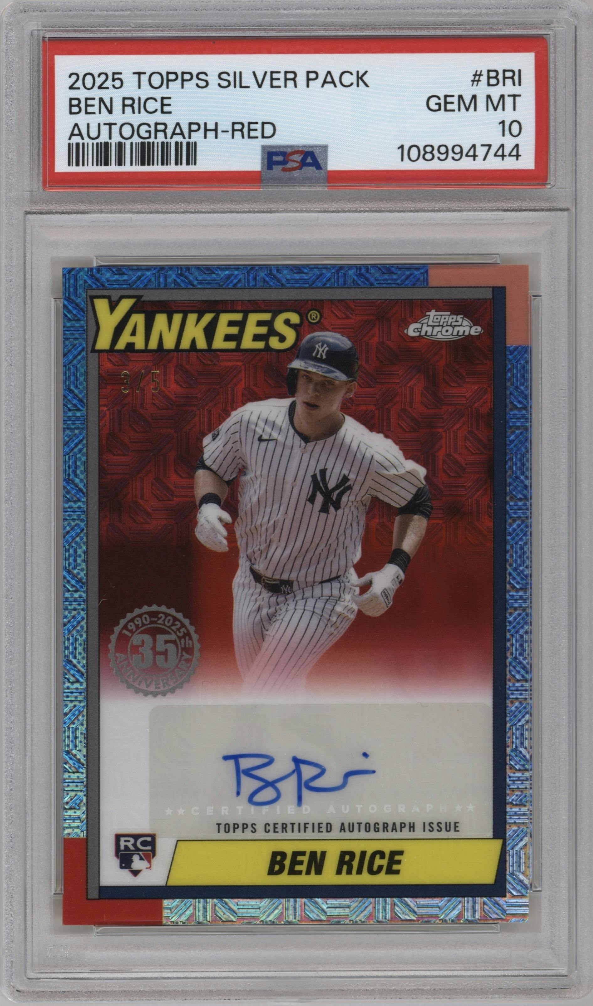 Ben Rice from the 2025 Topps set featuring a Red parallel graded by PSA and given an overall grade of 10.