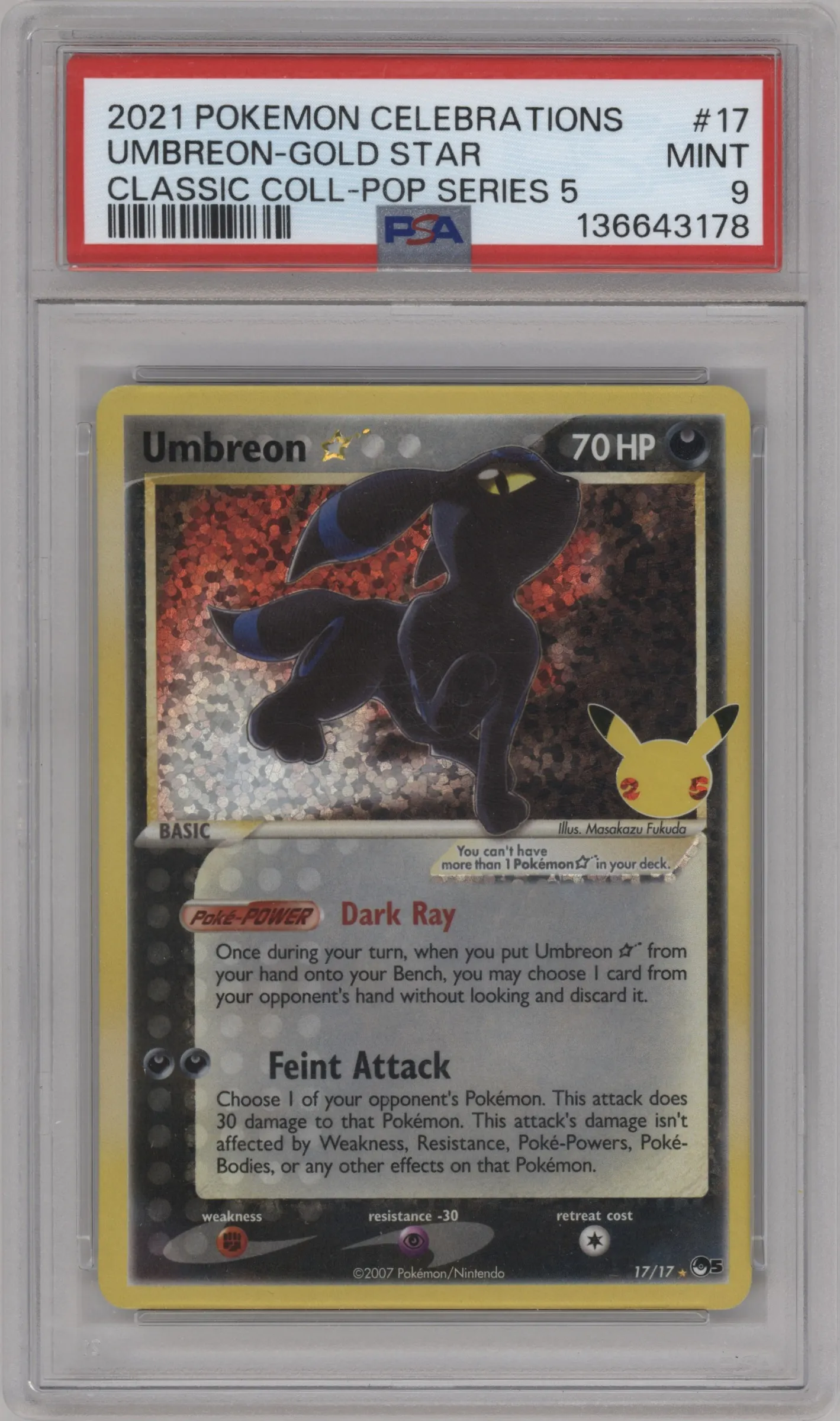 2021 Pokemon SWSH Celebrations CC Umbreon Gold Star Pop Series 5 #17 PSA 9