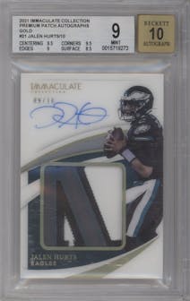 Jalen Hurts from the 2021 Panini Immaculate Collection set featuring a Gold parallel graded by Beckett and given an overall grade of 9.
