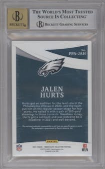 Jalen Hurts from the 2021 Panini Immaculate Collection set featuring a Gold parallel graded by Beckett and given an overall grade of 9.