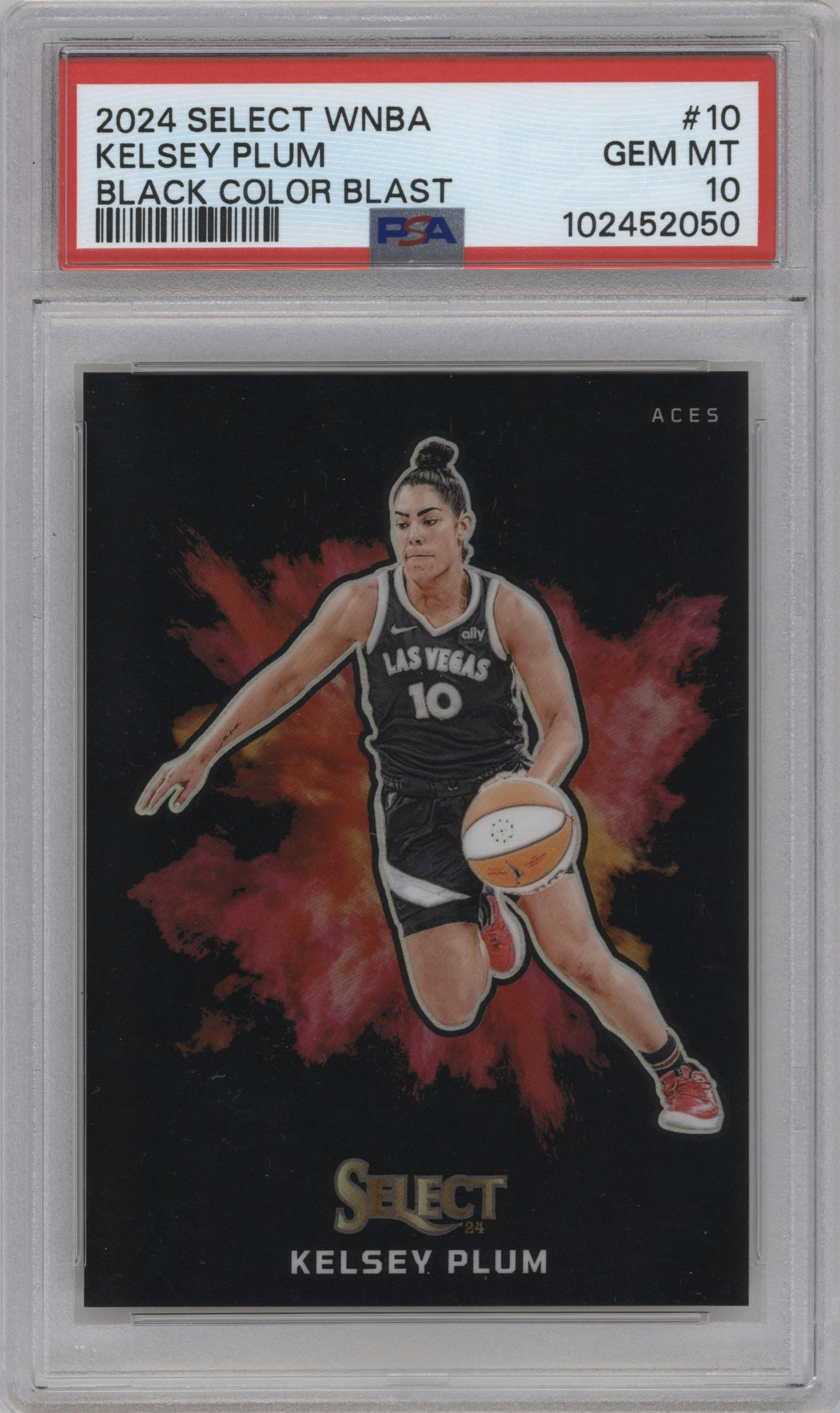 Kelsey Plum from the 2024 Panini Select WNBA set graded by PSA and given an overall grade of 10.
