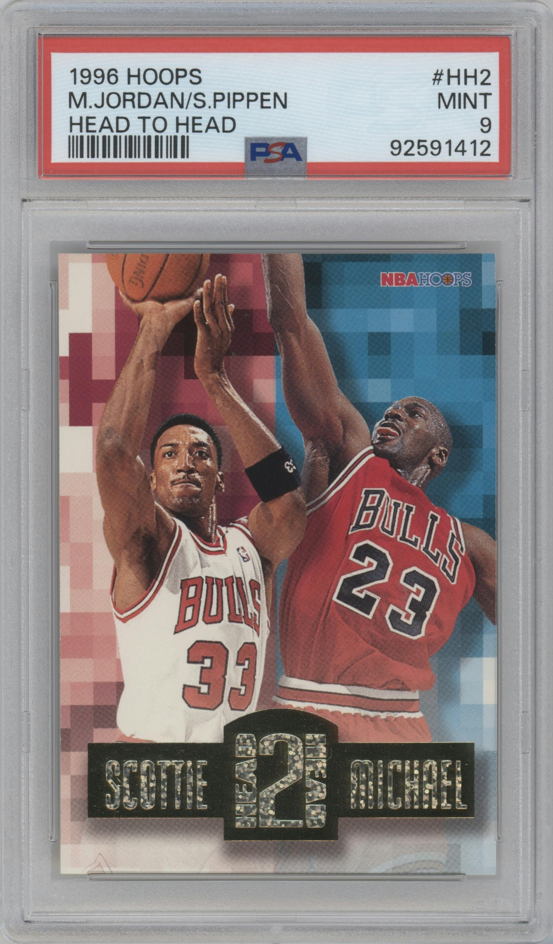 Scottie Pippen/Michael Jordan from the 1996-97 NBA Hoops set graded by PSA and given an overall grade of 9.