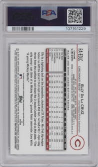 Elly De La Cruz from the 2024 Topps Chrome set featuring a Blue Ray Wave Refractor parallel graded by PSA and given an overall grade of 9.