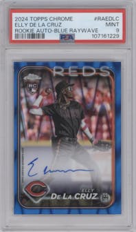 Elly De La Cruz from the 2024 Topps Chrome set featuring a Blue Ray Wave Refractor parallel graded by PSA and given an overall grade of 9.