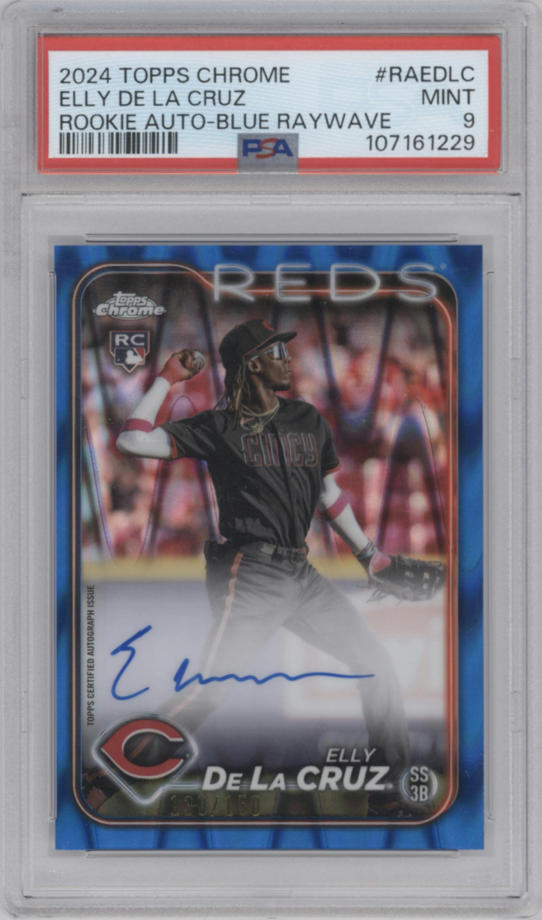 Elly De La Cruz from the 2024 Topps Chrome set featuring a Blue Ray Wave Refractor parallel graded by PSA and given an overall grade of 9.